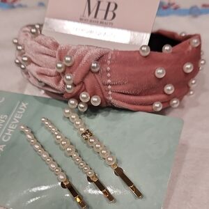 Blush Velvet Pearl Headband and Hair Clips Set